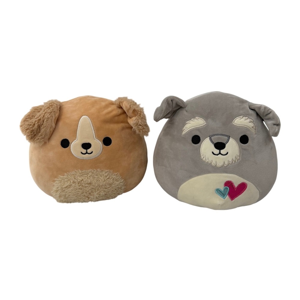 Squishmallows Plush Dog Bundle 8 inch Tan Puppy & Grey Schnauzer Heart Kellytoy